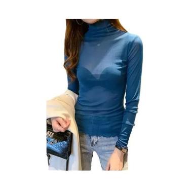Imagem de Blusa Sexy Feminina Em Malha Transparente Com Manga Longa E Gola Alta,