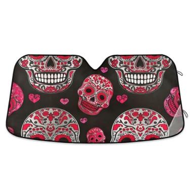 Imagem de Guarda-sol personalizado com cores de caveira de açúcar vermelho preto para para-brisa de carro engraçado universal dobrável acessórios de carro para-brisa proteção de para-sol M, 139,7 cm x 70,1 cm