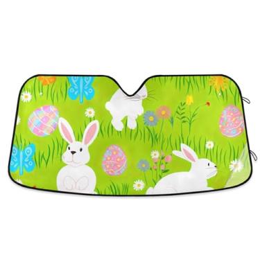 Imagem de Guarda-sol verde de coelhos brincalhões de Páscoa personalizado para para-brisa de carro protetor solar dobrável universal engraçado para para-brisa dianteiro de carro impressões de animais L, 144,8