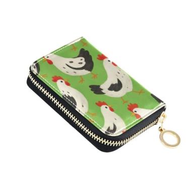 Imagem de Carteira de couro feminina com bloqueio de RFID, carteira de cartão de crédito fofa com zíper preto branco galinhas verde animal