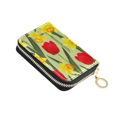Imagem de Carteira feminina feminina de couro para cartão de crédito, bloqueio de RFID, tulipas vermelhas, narcisos amarelos, porta-moedas com zíper e chaveiro