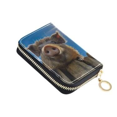Imagem de Carteira feminina com zíper e porta-cartões de couro com bloqueio de RFID, porta-cartões e dinheiro, desenho fofo porco leitão