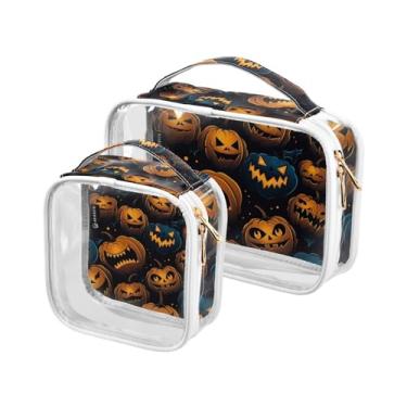 Imagem de Papel de parede floral em preto com aquarela sacos de viagem de plástico transparente com zíper, bolsa de maquiagem para meninas, pacote com 2, Abóbora de Halloween - 5, one size