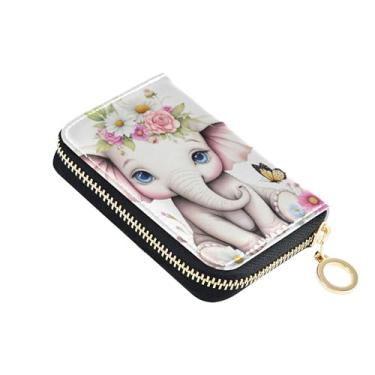 Imagem de Carteira feminina protetora de cartão de crédito com bloqueio de RFID, carteira pequena de couro com zíper elefante primavera floral