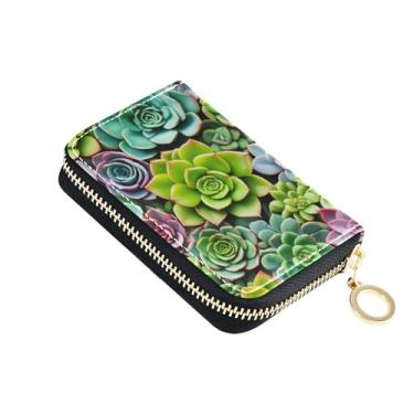 Imagem de Carteira feminina colorida com zíper e bloqueio de RFID, lindas plantas suculentas, carteira de viagem verde colorida com zíper