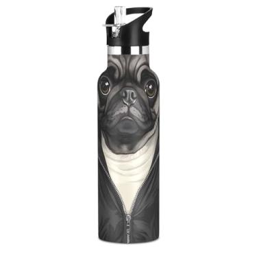 Imagem de Joisal Garrafas de água isoladas de aço inoxidável de 590 ml com tampa de canudo para bebidas frias ou quentes, copos infantis engraçados à prova de vazamento de cachorro pug sem BPA para meninos e