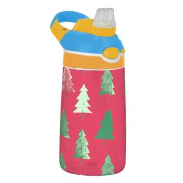 Imagem de Garrafa de água infantil vermelha de árvore de Natal de inverno com canudo 473 g 473 ml Garrafa de água esportiva Tritan portátil à prova de vazamento, copo infantil, reutilizável, alça de transporte