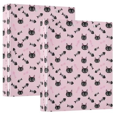 Imagem de Lindos gatos pretos esqueletos de peixe rosa 3 anéis fichários de 3 cm comporta 200 folhas, anel redondo, 31,5 x 27 x 6 cm, pacote com 2