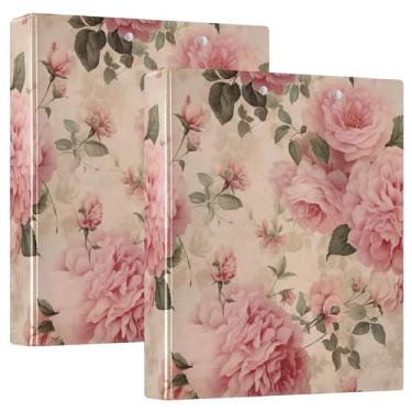 Imagem de Fichários vintage com 3 anéis com estampa de rosas rosas de 3 cm comporta 200 folhas de portfólio floral de animais pastas de anel redondo, 31,5 x 27 x 6 cm, pacote com 2