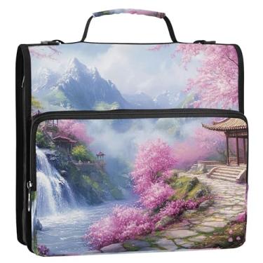 Imagem de Organizador de fichário rosa paisagem flor de cerejeira com zíper 3 anéis de 3 anéis bolsa resistente para fichários escolares com alça de ombro estojo portfólio de armazenamento com alça de ombro com
