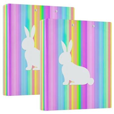 Imagem de 3 anéis de listras de arco-íris de coelho branco, fichários de 3,8 cm, comporta 200 folhas fofas pastas de portfólio de anel redondo, 31,5 x 27 x 6 cm, pacote com 2