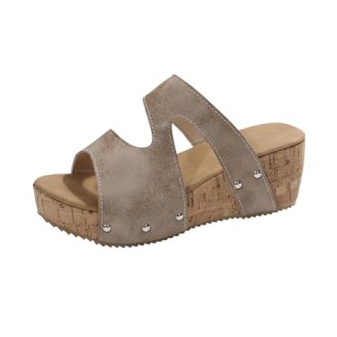 Imagem de Chinelo feminino moderno casual primavera e verão confortável respirável bico redondo bico aberto um pé fundo grosso salto cunha, Caqui, 36