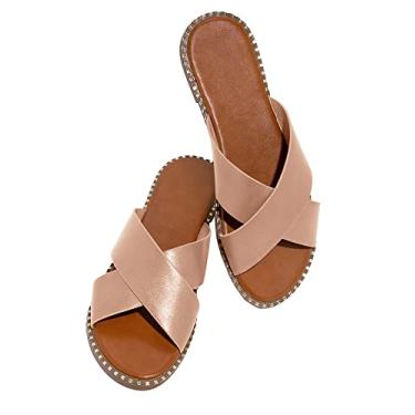 Imagem de Jeimpoey Sandálias femininas com tira cruzada com dedos abertos, slip on Mule Slides, Nude., 7