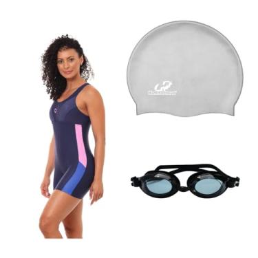 Imagem de Kit Natação Macaquinho Óculus Proteção UV e Touca Silicone Grande (Marinho/Azul/Rosa Óculos Preto, XGG)