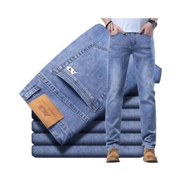 Imagem de Calças Jeans Slim Fit Em Denim Azul Claro Para Homens, Confortáveis E 
