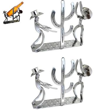 Imagem de Suporte para garrafa de vinho Western Cowboy & Cactus, escultura de metal 2 em 1 com figuras de chapéu de caubói, suporte rústico de mesa única para bar e decoração de pátio (prata, 2 peças)