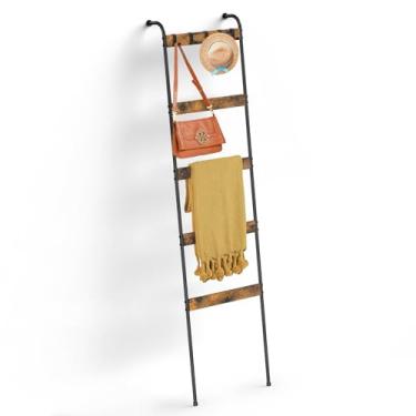 Imagem de Escada de cobertor, toalheiro de 5 camadas, suporte para cobertor inclinado para parede, prateleira decorativa para escada, cachecóis, industrial, sala de estar, quarto, marrom rústico