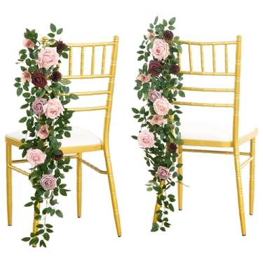 Imagem de Angela Flower 4 peças de decoração de cadeira de banco de flores para corredor de casamento, bordô e pasta de feijão, flores artificiais, rosa, para cerimônia de igreja, recepção, costas, floral