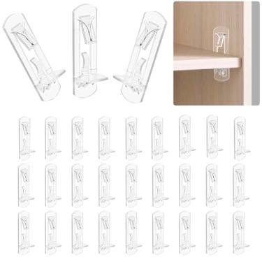 Imagem de 30 pinos de suporte de prateleira de plástico transparente para prateleiras de madeira de 0,9 mm de espessura, clipes de prateleira de armário de 6,9 mm com design autotravante, pinos de prateleira de