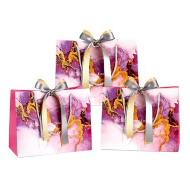 Imagem de DONQE Sacos de presente de papel com alças e fita de laço, 3 peças 24 × 7,87 × 4,72 cm, sacos de lembrancinha de festa reutilizáveis para aniversário, Natal e casamento