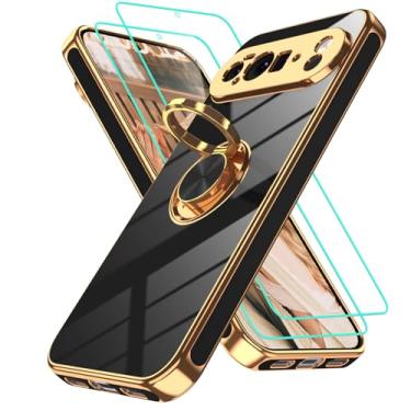 Imagem de Gritup Capa para Google Pixel 10 Pro XL: 2 peças protetoras de tela | Suporte magnético de rotação de 360° | Capa protetora básica de TPU macio com borda dourada revestida para Pixel 10 Pro XL preta