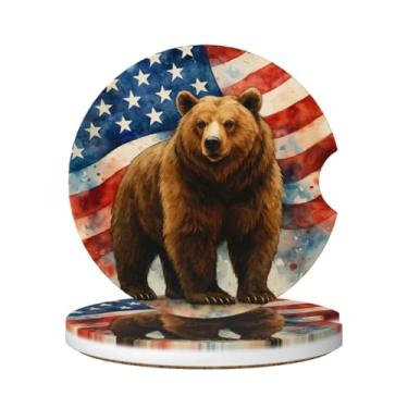 Imagem de FeHuew 2 peças de porta-copos de cerâmica com bandeira americana de urso patriótico universal, antiderrapante, absorvente, para bebidas, decoração de automóveis