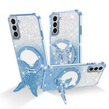 Imagem de Easyscen Capa para celular Samsung Galaxy S22 Plus (6,7 polegadas), com suporte de borboleta e 4 cantos de airbag protetora, capa protetora à prova de choque de luxo feminina com glitter - azul