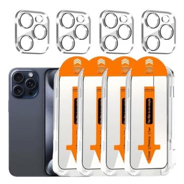 Imagem de Pacote com 4 protetores de tela para iPhone 15 Pro [6,1 polegadas] com 4 protetores de lente de câmera, dureza 9H + 3,5 m, grau militar, à prova de estilhaçamento, resistente a arranhões, película de
