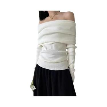 Imagem de Suéter De Tricô Feminino Ombro a Ombro Outono Inverno Elegante Vintage