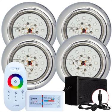 Imagem de Kit 4 Refletores Led 18w RGB Inox e Comando para Iluminação Piscina - 