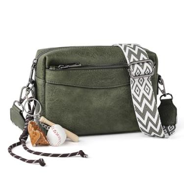 Imagem de TANTOMI Bolsas transversais para mulheres, bolsa tiracolo de couro com zíper triplo, carteira feminina com alça larga, Verde escuro, 9.01" (L) x 3.14" (W) x 6.57" (H)