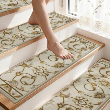 Imagem de COSY HOMEER Passos de escada para degraus de madeira, laváveis, para uso interno, antiderrapante, 20,3 cm x 76 cm, tapete macio, passador de escada reutilizável para crianças, idosos e animais de