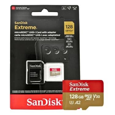 Imagem de Cartão Sandisk Extreme 128GB MicroSD SDHC SDXC 190Mbps 4K