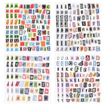 Imagem de 636 peças de adesivos de letras de revistas, suprimentos para álbuns, adesivo de etiqueta com símbolo do alfabeto inglês, 12 folhas de adesivos vintage para scrapbook, garrafas de água para laptop