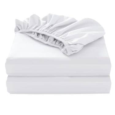 Imagem de Pacote com 2 lençol solteiro de algodão puro, 600 fios, 40,6 cm, bolso profundo de algodão egípcio (2 peças, solteiro, branco listrado)