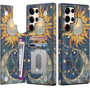 Imagem de Goodon Capa carteira para Samsung Galaxy S25 Ultra com porta-cartão, bloqueio RFID, capa floral vintage estética, capa protetora retrô moderna exclusiva para mulheres e meninas - Harmonia solar lunar