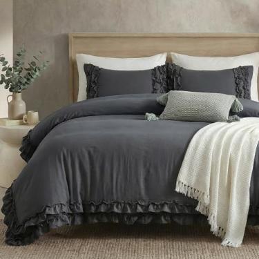 Imagem de Conjunto de capa de edredom Queen Boho cinza escuro com babados, franja, chique, supermacio, aconchegante, para todas as estações