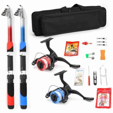 Imagem de Ultra leve vara de pesca carretel combo kit completo com 2 pçs 2.1m varas de pesca telescópicas carretéis iscas de pesca ganchos acessórios saco de pesca (Vermelho e azul)