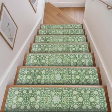 Imagem de Passos de escada antiderrapantes florais verdes para degraus de madeira 76 cm x 20 cm de borracha para escadas internas tapetes de escada antiderrapantes tapetes de segurança para cães, crianças e