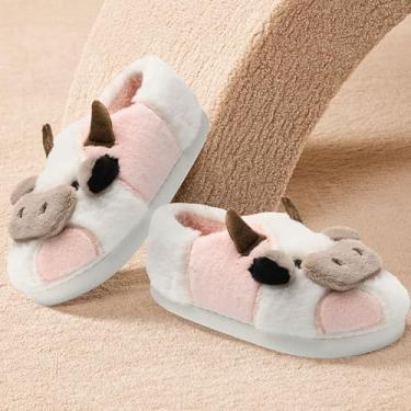 Imagem de Sapatos de algodão de vaca para meninas, meninos, crianças, felpudos, fofos, de algodão, animais, sapatos de pelúcia fofos, para meninas, sala de estar, quarto, branco e rosa, Branco, rosa, 12-13