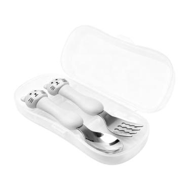 Imagem de Naroote Colher Garfo para bebê Conjunto de Aço Inoxidável Durável para Treinamento de Alimentação de Crianças, para Uso Doméstico ou Em Viagens (Gatinho【cinza】)