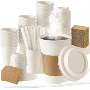 Imagem de Havawish 50 conjuntos de copos de papel compostáveis com tampas, mangas e canudos, copos descartáveis de bagaço para café, bebidas frias, água potável, suco, café, chá, cafés, festa, escritório