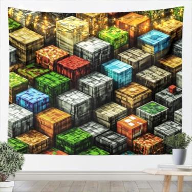 Imagem de jejeloiu XLarge Tapeçaria de jogo de blocos de 178 x 233 cm para crianças, meninos, meninas, elementos de jogos, arte de parede, desenho animado, bloco de cubos, cobertor para pendurar na parede