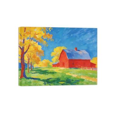 Imagem de BMZFYBS Impressão em tela de parede de paisagem - decoração de árvore de casa de outono - quadros para sala de estar pronta para pendurar tela embrulhada 50 x 65 cm 20 x 26 pol