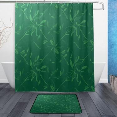 Imagem de Kigai Conjuntos de tapetes de cortina de banho com textura de folha verde oliva 2 peças, conjunto de tema de banheiro (152 x 182 cm) com cortina de chuveiro e tapete antiderrapante - 12 ganchos