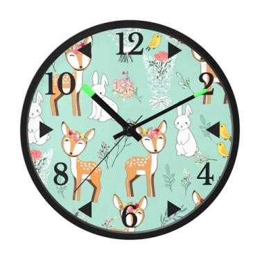Imagem de STAYTOP Lindo relógio de parede LED de veado e coelho para quarto com brilho noturno, relógios de parede silenciosos de 30 cm para decoração de sala de estar, controle de som, relógio de parede