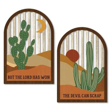 Imagem de Putuo Decor Conjunto de 2 arte de parede emoldurada estilo ocidental, painéis recortados de cacto do deserto com citações inspiradoras em tons terrosos, decoração rústica ocidental para sala de estar