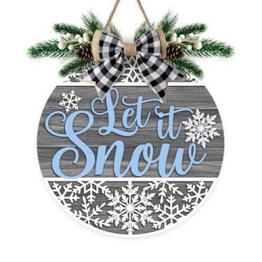 Imagem de Bolisom Placa de inverno cinza floco de neve para porta da frente, Let It Snow, cabide de madeira para uso externo, varanda, decoração de casa, guirlanda de madeira de Natal de fazenda, decoração de