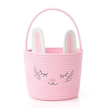 Imagem de Cesta de Páscoa com alça tecida para bebês, cesta de coelho vazia para meninas, meninos, crianças, presente de chá de bebê, flores de casamento (rosa)
