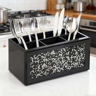 Imagem de SHYFOY Organizador de utensílios – Porta-talheres com 6 compartimentos, acabamento em vidro preto, estrutura de madeira, bancada organizadora de talheres para festas, acampamento, piquenique, cozinha